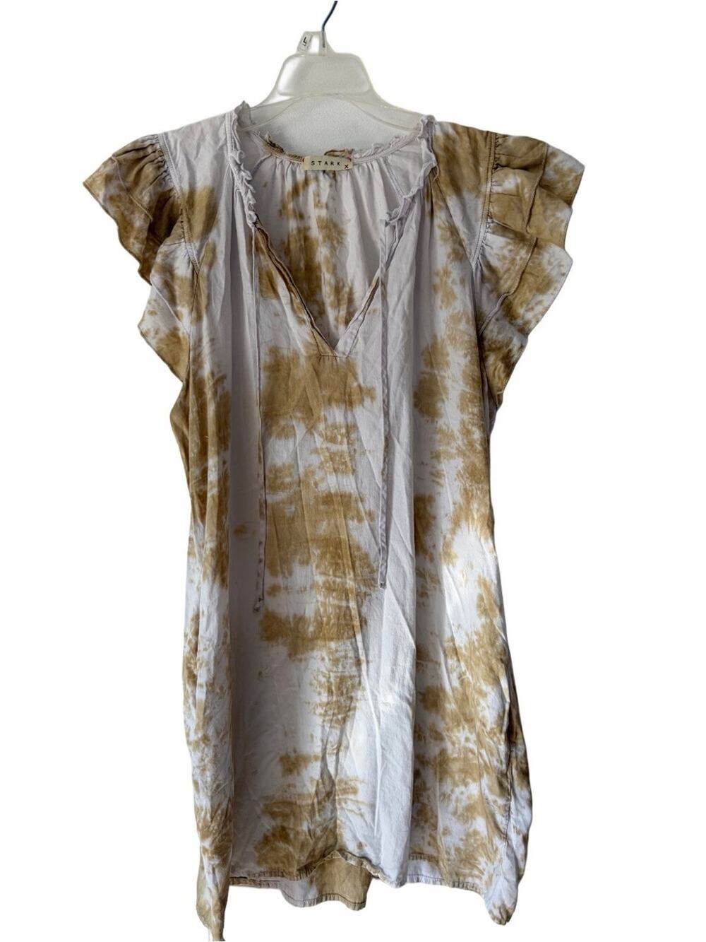 Stark X Lightweight Tie-Dye Ruffle Sleeve Tunic Dress White & Tan size medium